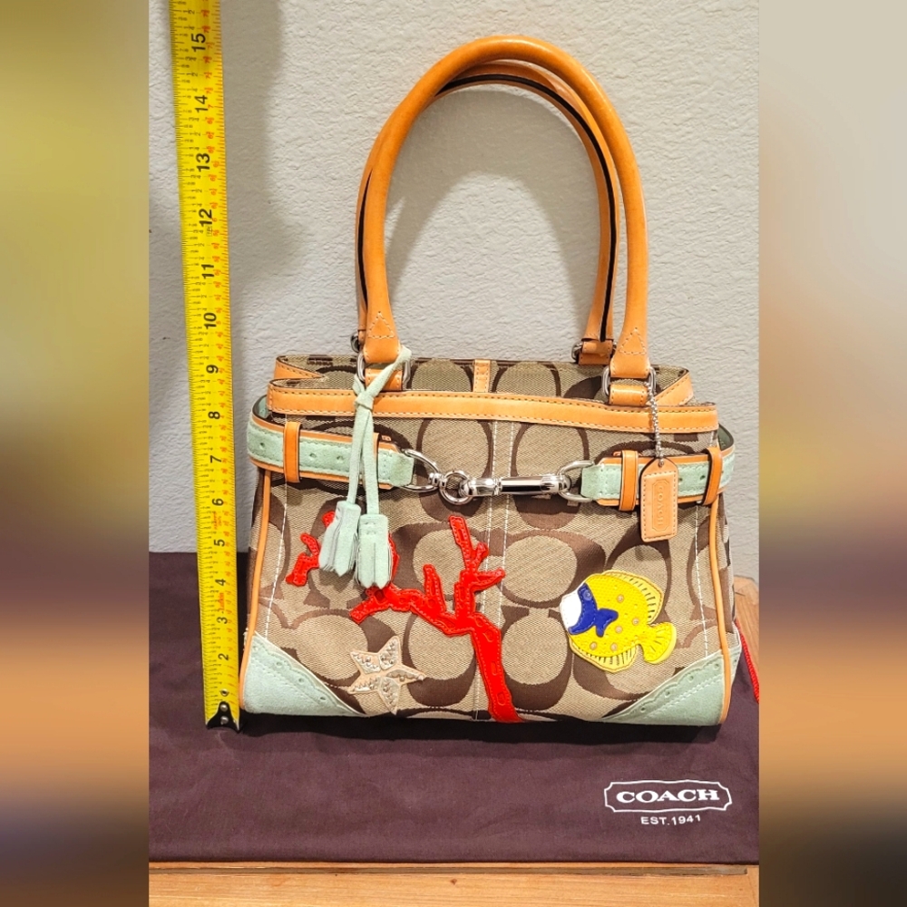 Vintage Limited Edition Coach Aquamarine Patchwork Satchel Handbag and Cover Bag